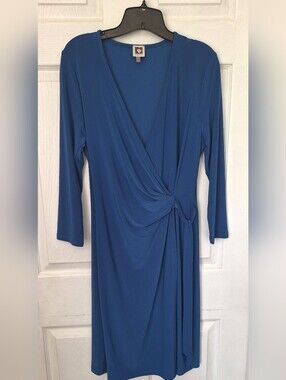 Anne Klein Blue Faux Wrap Dress Size 10 Midi Career Cocktail Stretch